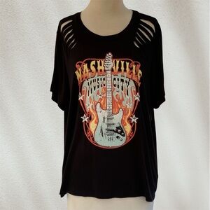 Homegirl Society Nashville Music City Flaming Guitar Black Shredded T-Shirt  1X
